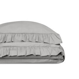 Ruffle cotton sateen bedding set cloudy grey white pocket
