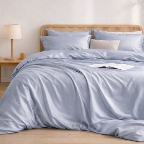 pościel satynowa błękitna jasnoniebieska white pocket