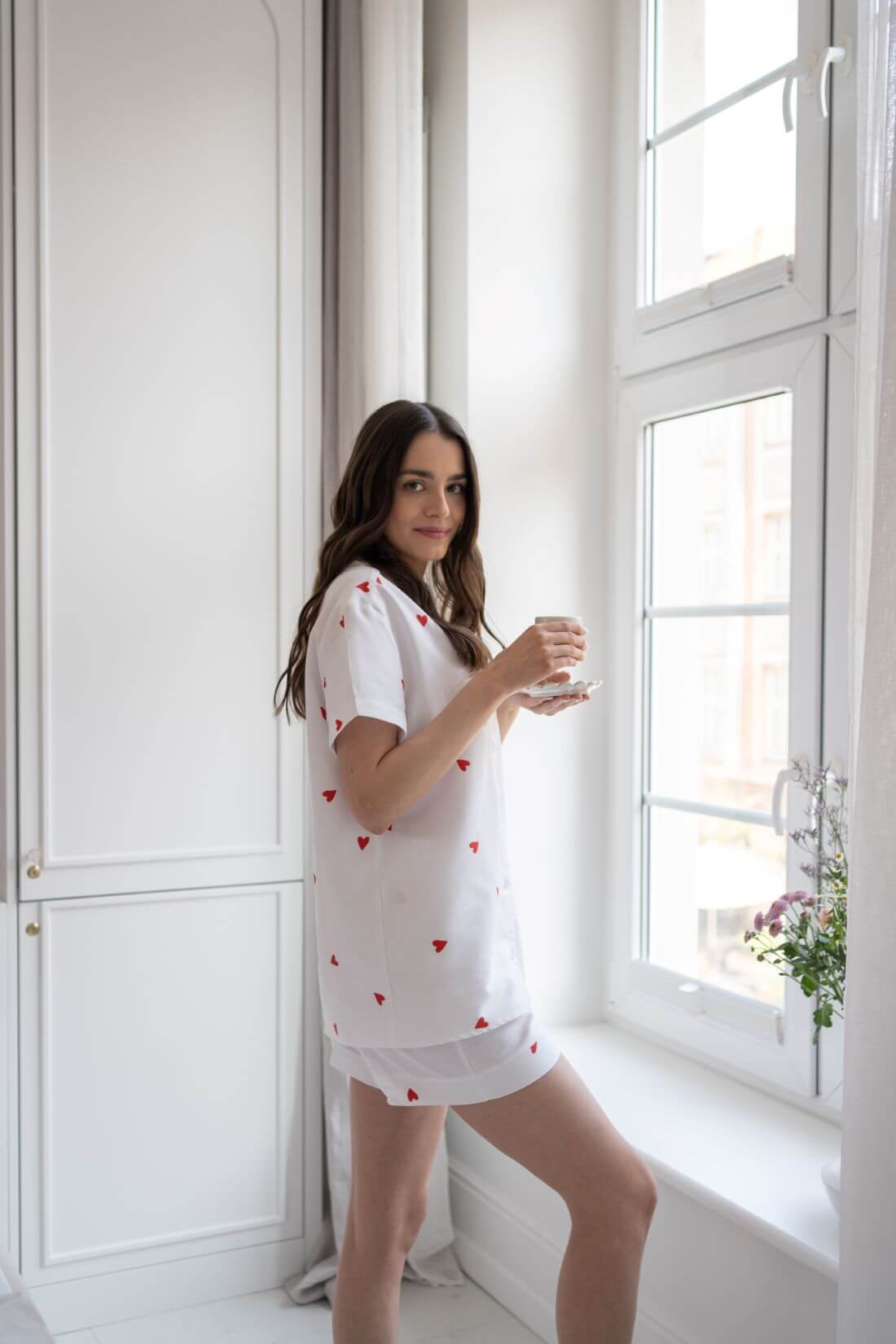 Koszula i szorty do spania w serduszka White Pocket